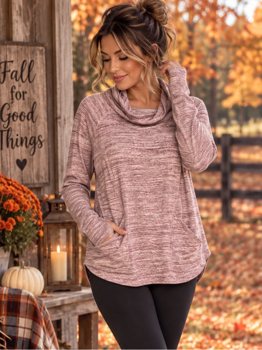 New Directions Women’s XL Mauve Heather Cowl Neck Pullover Top